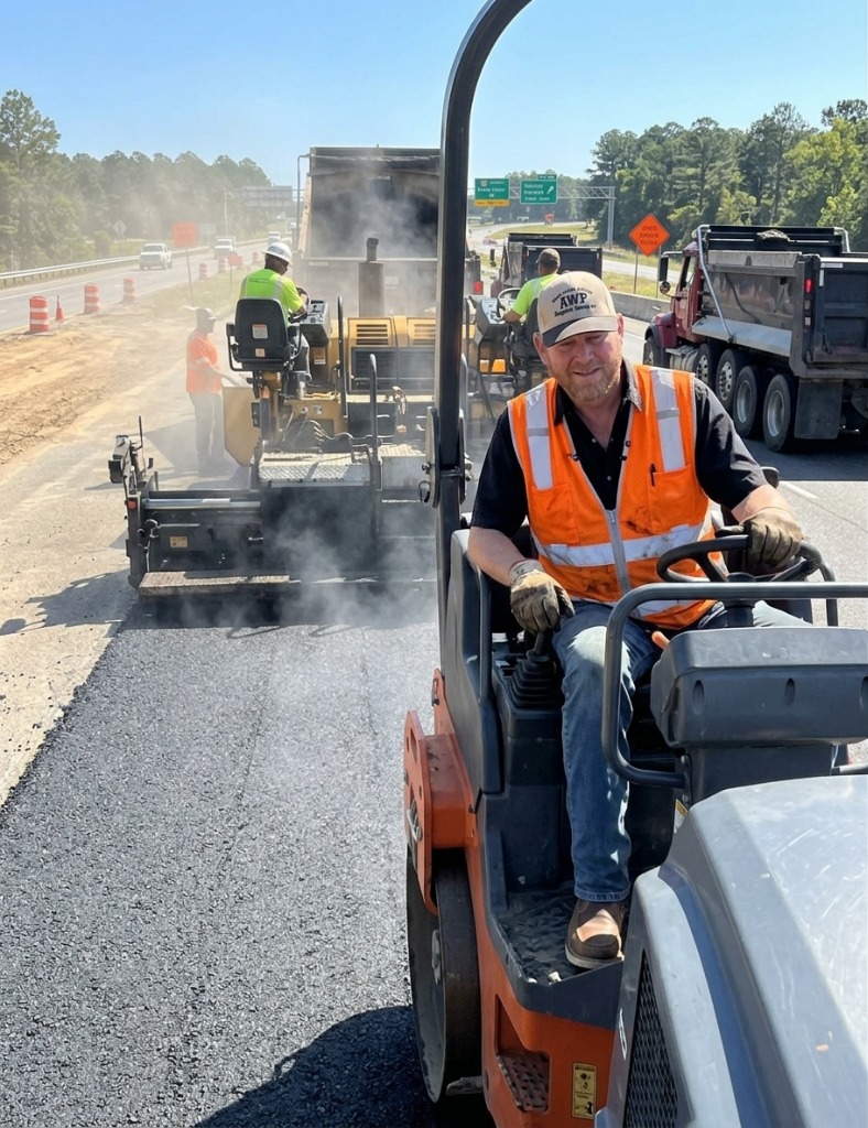 Paul Pogue, Owner of Area Wide Paving, operating a roller on a highway paving job in Northeast Texas with crew and paver in the background